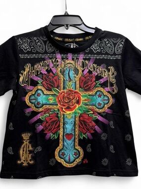 NWT Christian Audigier Black Tee with Turquoise Cross and Red Rose Graphic